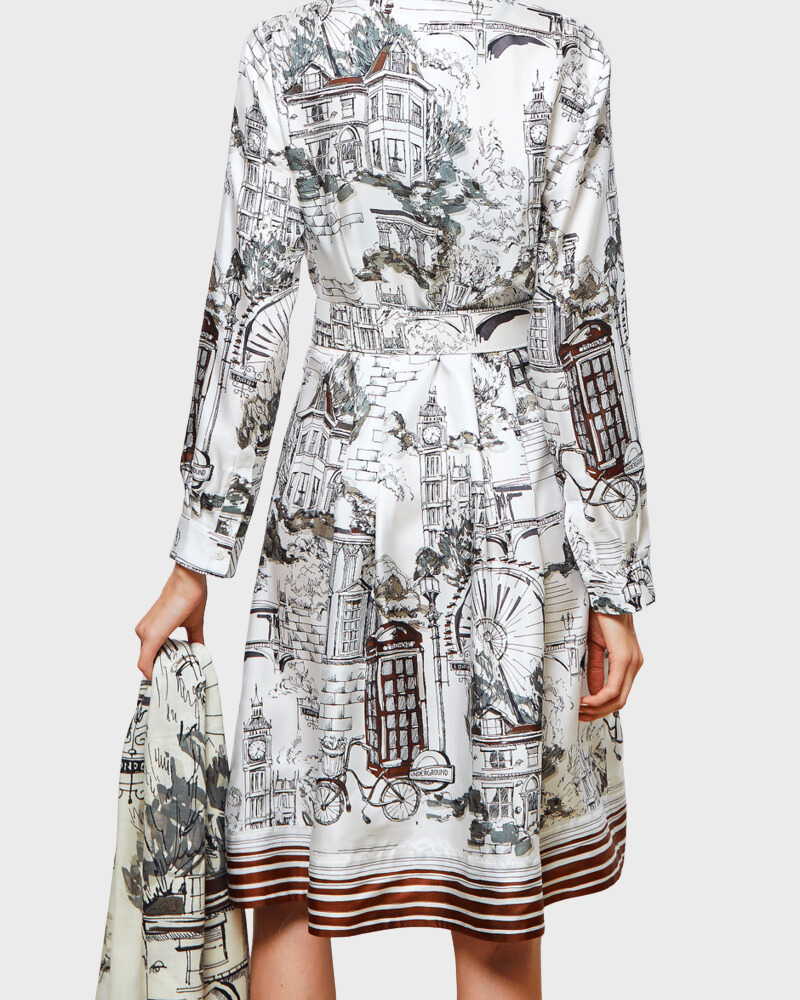 SILK SHIRT DRESS WITH BELT PRINT: LONDON: BROWN