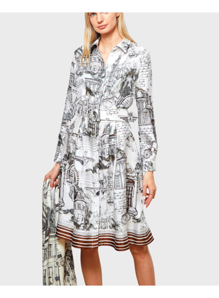 SILK SHIRT DRESS WITH BELT PRINT: LONDON: BROWN