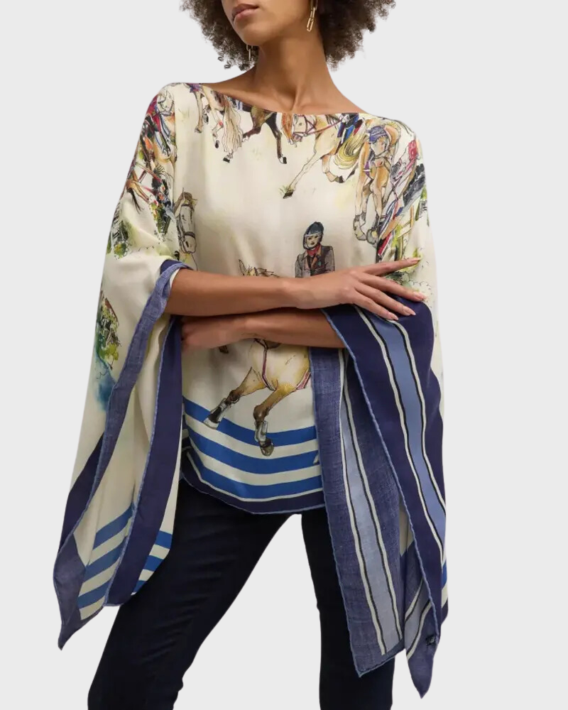 CASHMERE PRINTED PONCHO: VERONA: NAVY