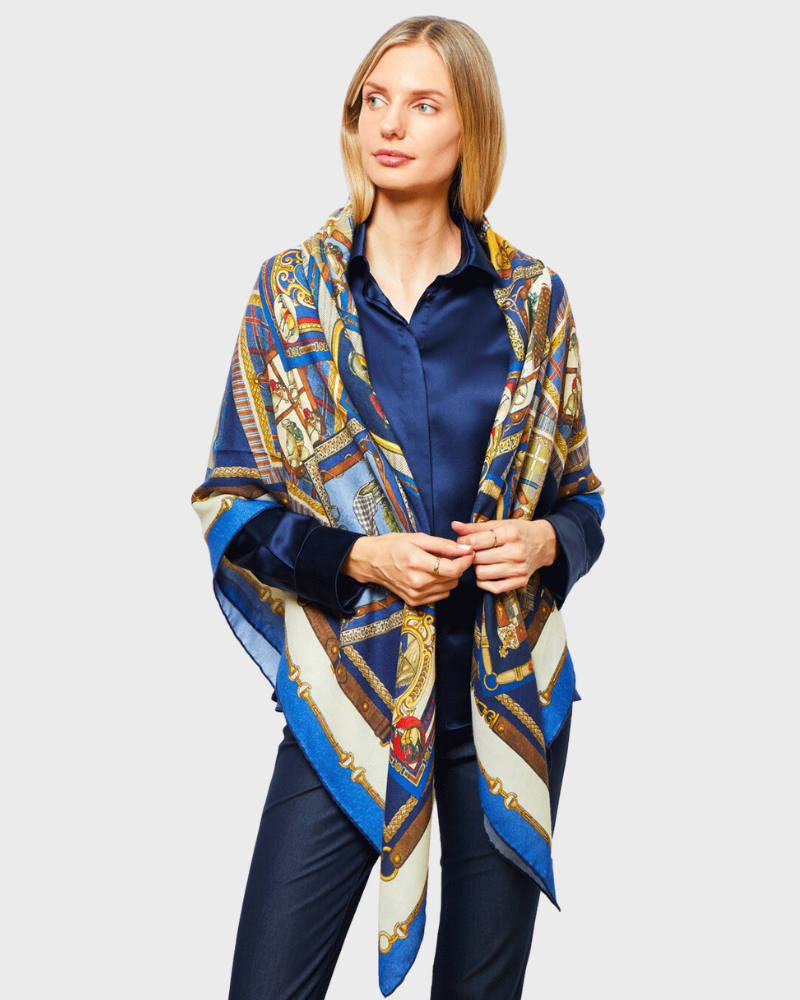 CASHMERE PRINTED SCARF: PLATES: NAVY