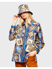 COLLARED SILK PRINTED SHIRT: PLATES: NAVY