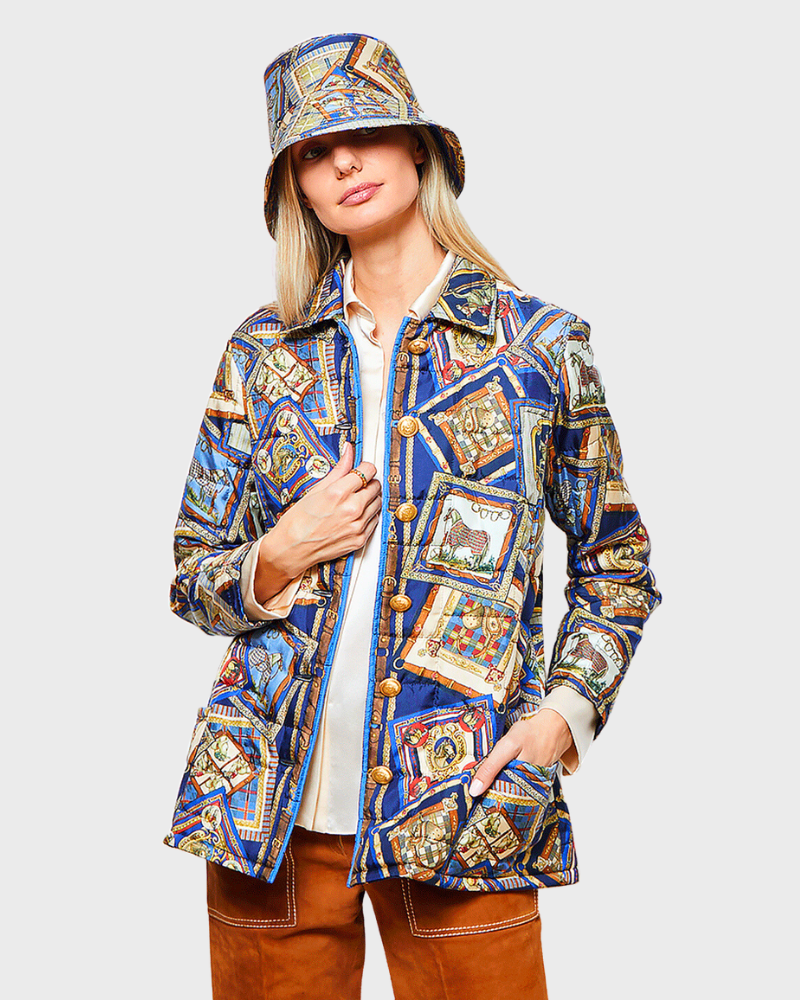 SILK PRINTED QUILTED JACKET: PLATES: NAVY