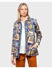 SILK PRINTED QUILTED JACKET: PLATES: NAVY