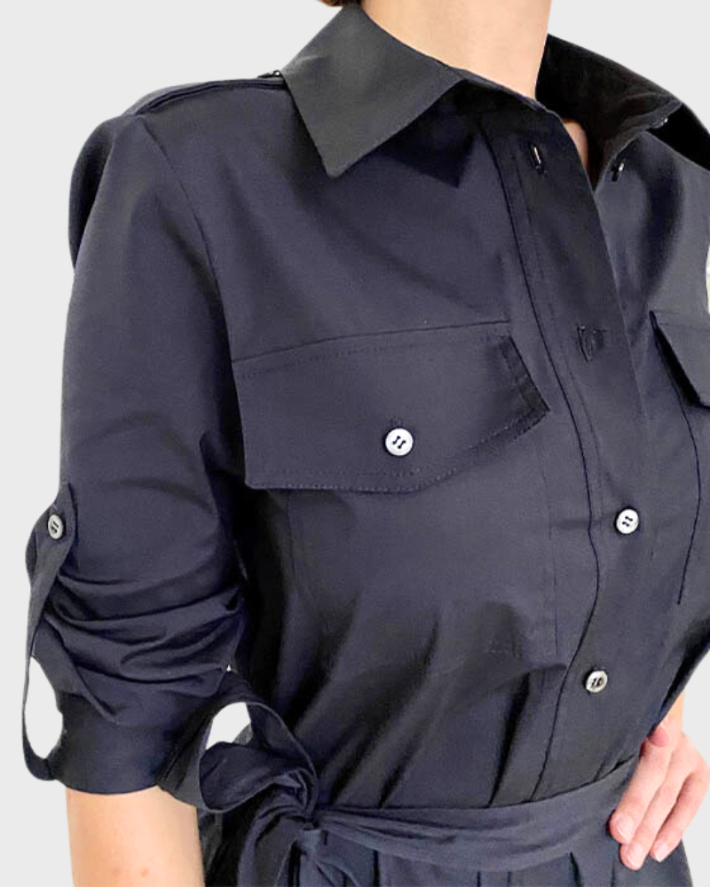 COTTON SHIRT DRESS W/ POCKETS: BLACK