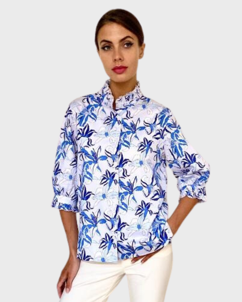 COTTON TIGERLILY PRINTED RUFFLE COLLAR: TIGERLILY BLUE