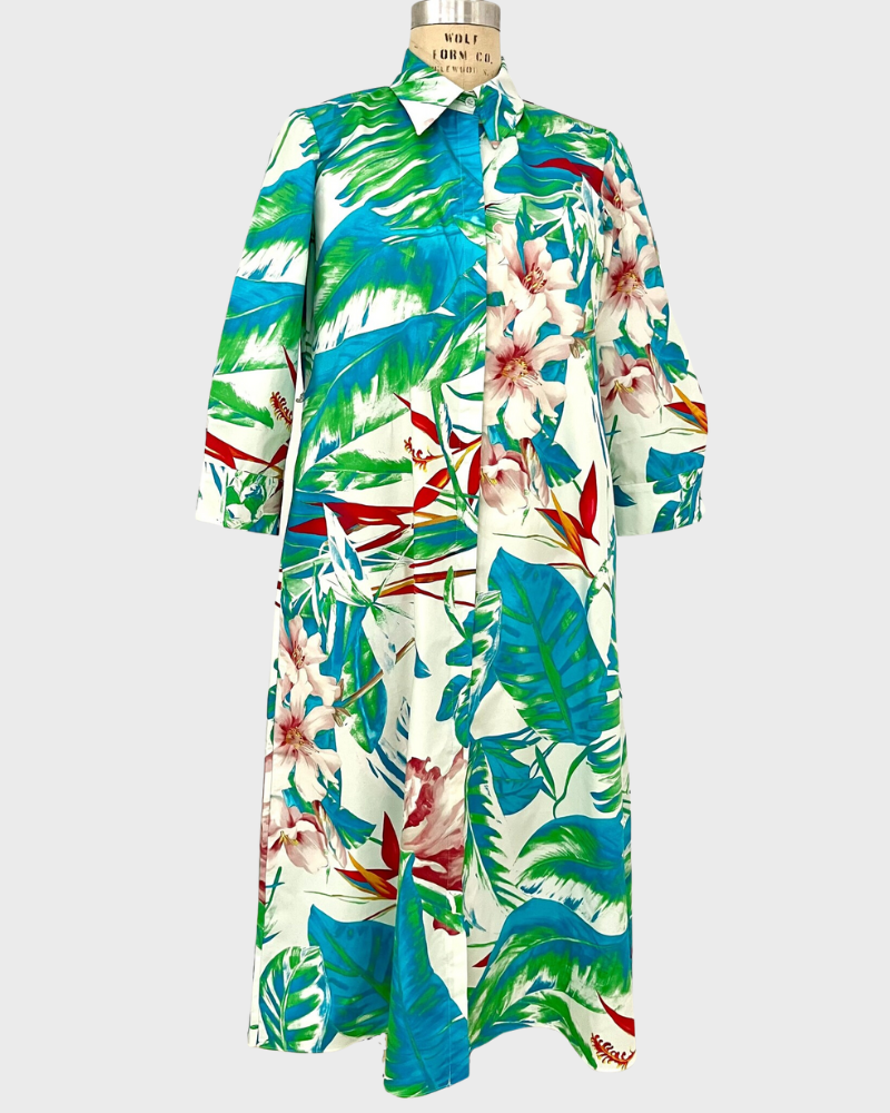 COTTON DRESS PRINTED: TROPICAL: AQUA