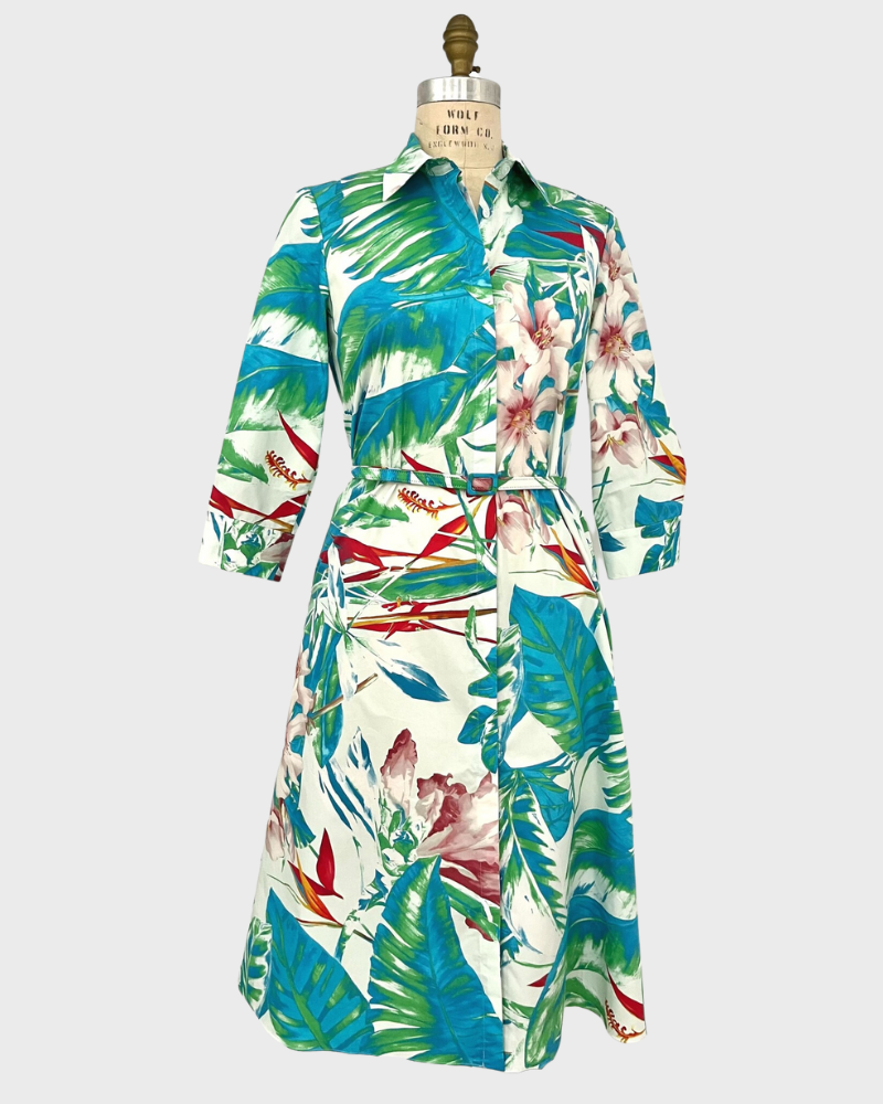 COTTON DRESS PRINTED: TROPICAL: AQUA
