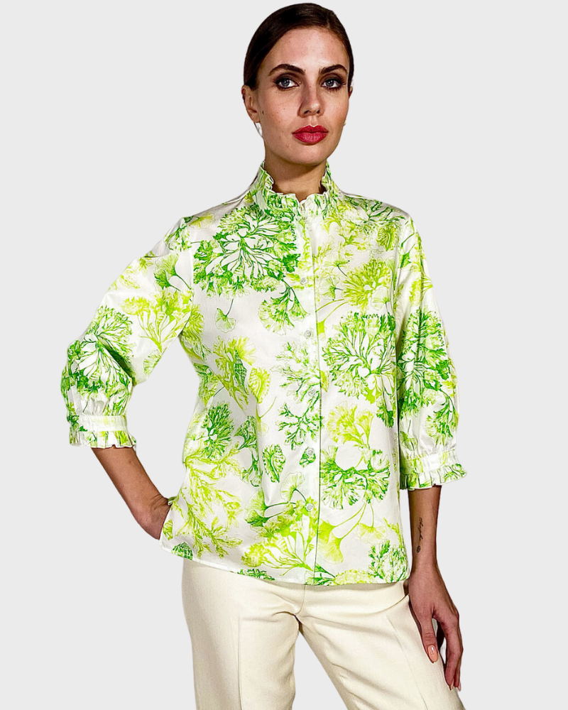 COTTON CORAL PRINTED RUFFLE COLLAR: CORAL LIME