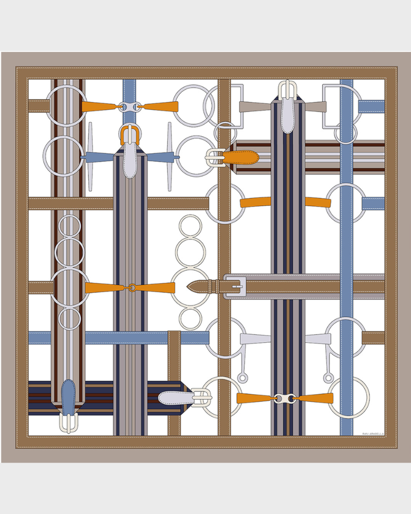 CASHMERE PRINTED SCARF: SIENA SADDLE: ORANGE-BEIGE