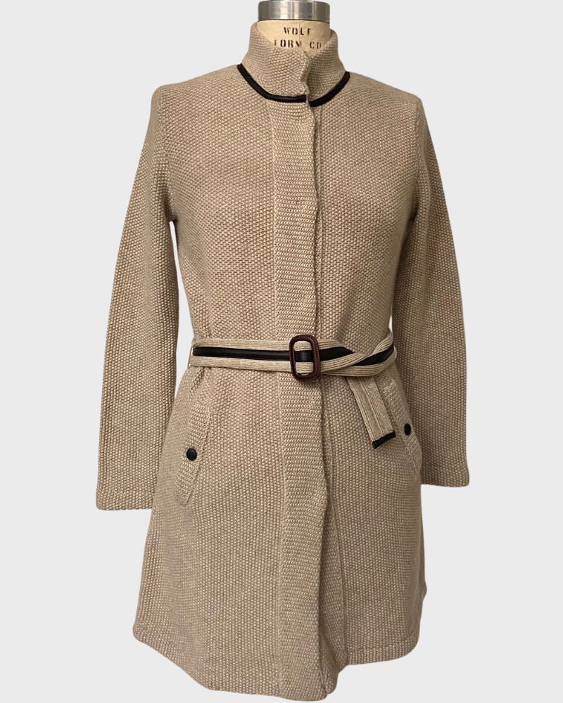 CASHMERE COAT WITH LEATHER ACCENT BELT:TAUPE
