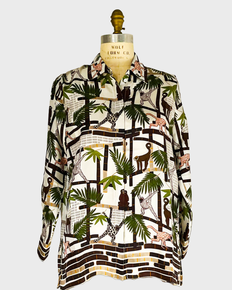 COLLARED SILK PRINTED SHIRT: MONKEYS MULTICOLOR