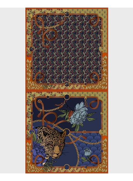 DOUBLE SILK SCARF: LEOPARD-JUNGLE: NAVY