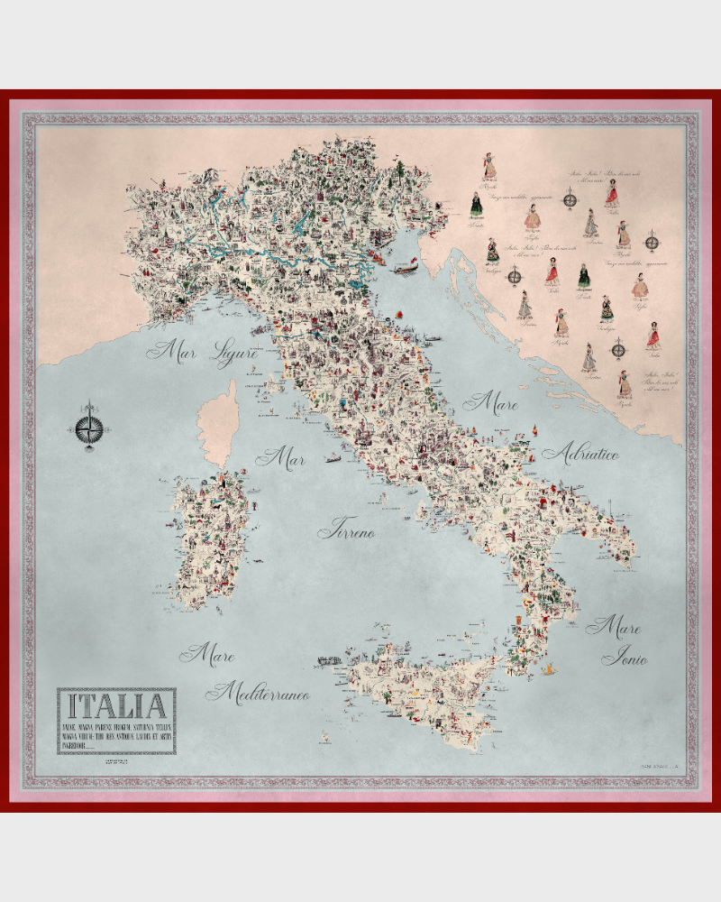 CASHMERE PRINTED SCARF: MAP OF ITALY: BLUE