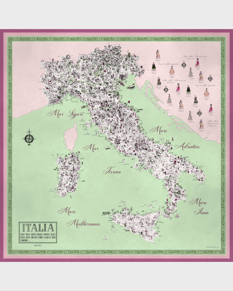 CASHMERE PRINTED PONCHO: MAP OF ITALY: CELADON