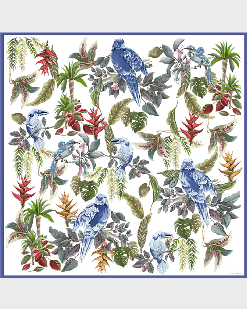 PRINTED CASHMERE SHAWL: BIRDS:BLUE