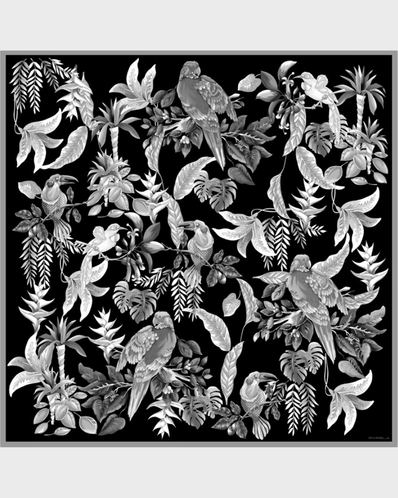 PRINTED CASHMERE SCARF: BIRDS:BLACK