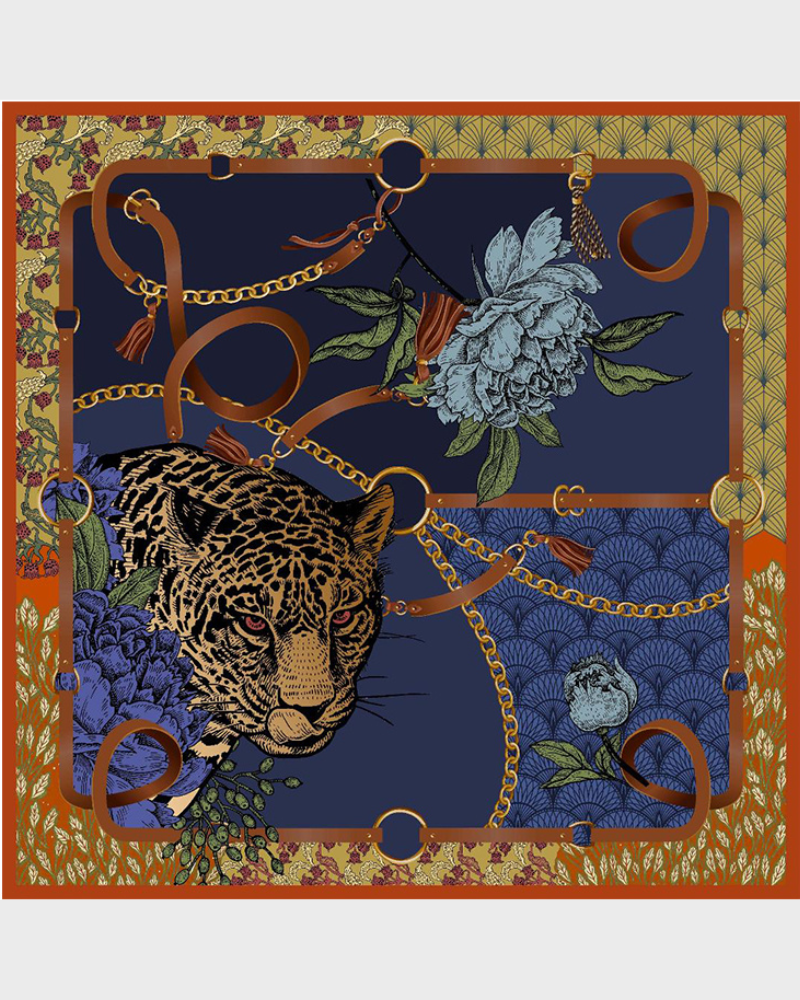 PRINTED CASHMERE SHAWL:  LEOPARD: NAVY