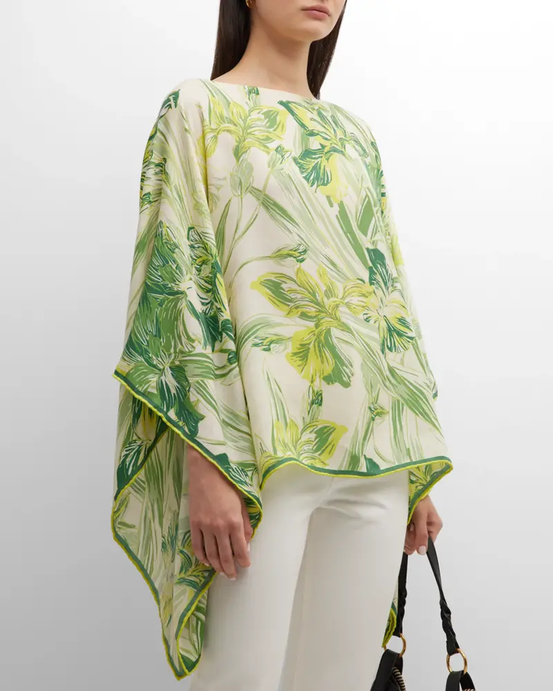 CASHMERE PRINTED PONCHO: IRIS: GREEN