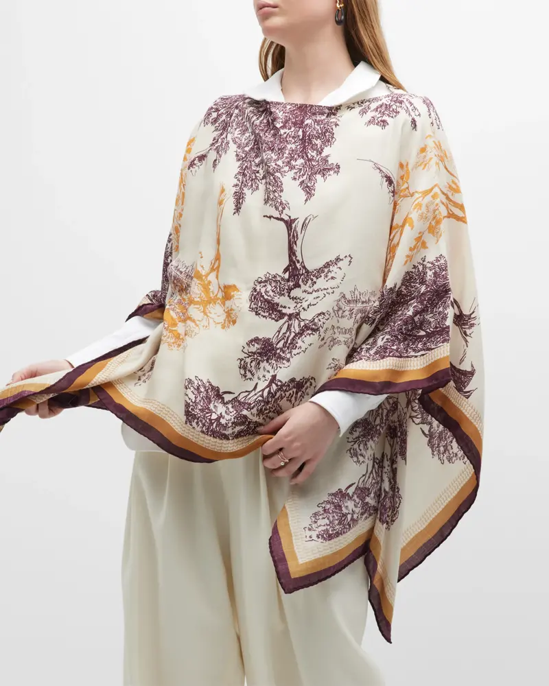 CASHMERE PRINTED PONCHO: TREES :CERISE