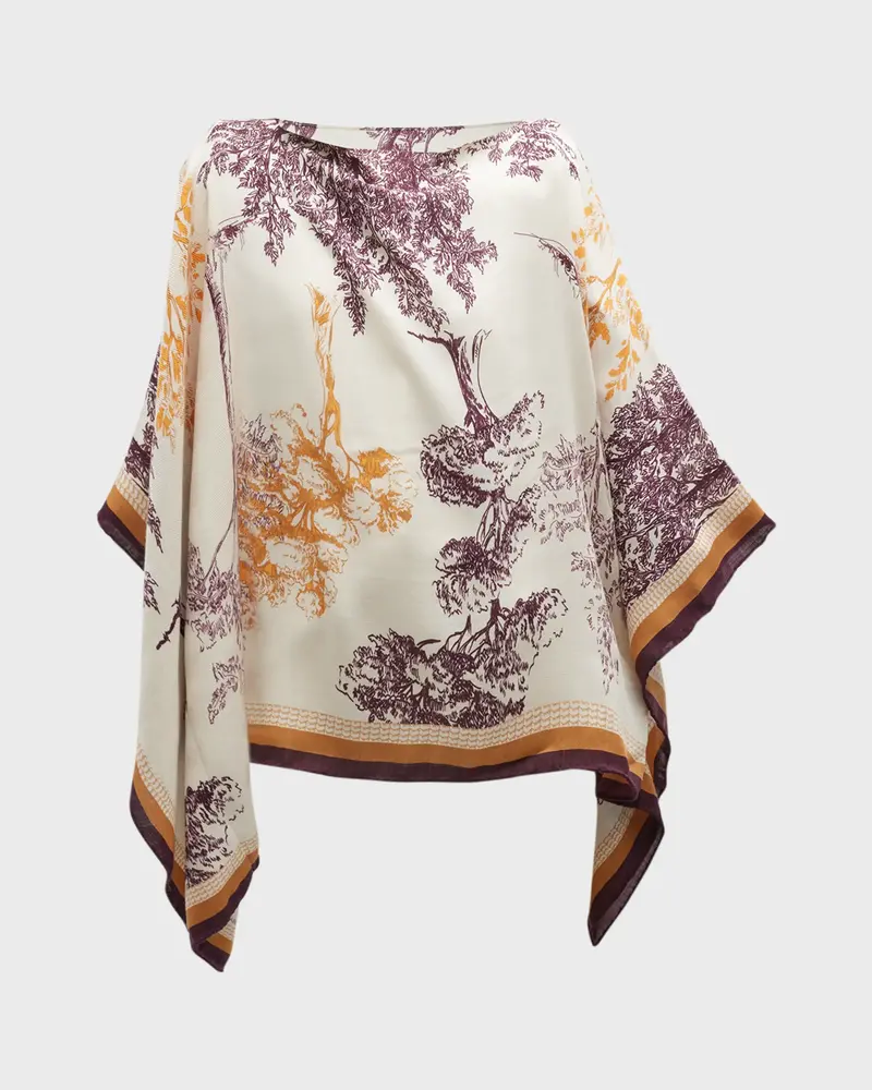 CASHMERE PRINTED PONCHO: TREES :CERISE