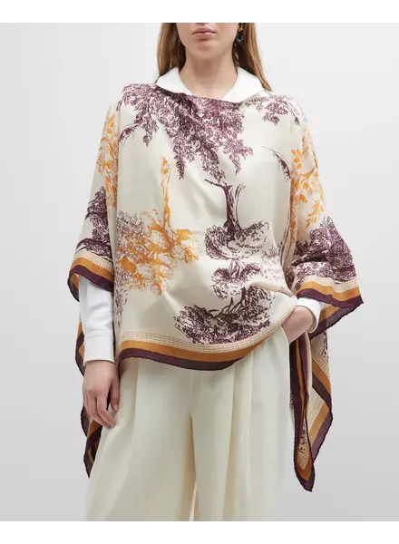 CASHMERE PRINTED PONCHO: TREES :CERISE