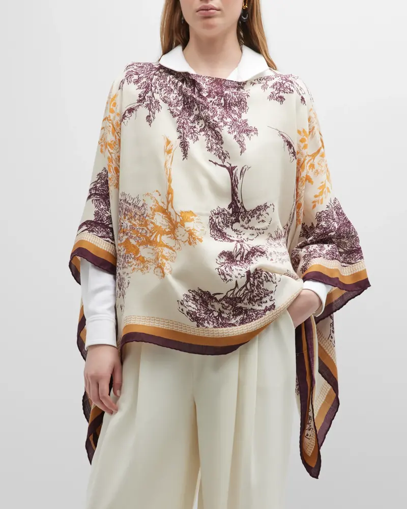 CASHMERE PRINTED PONCHO: TREES :CERISE