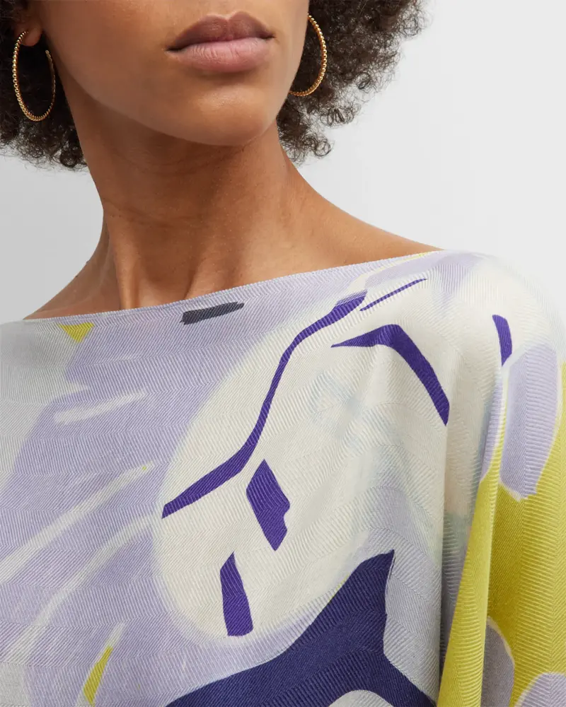 CASHMERE PRINTED PONCHO: GEOMETRIC: BLUE