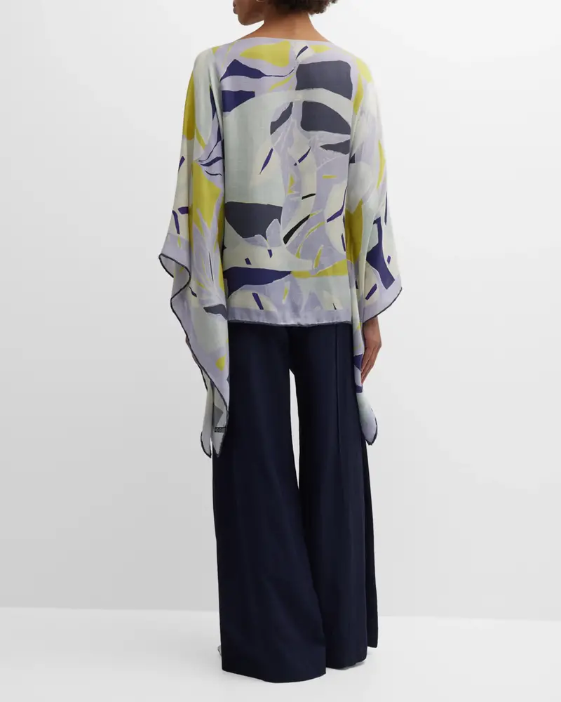 CASHMERE PRINTED PONCHO: GEOMETRIC: BLUE