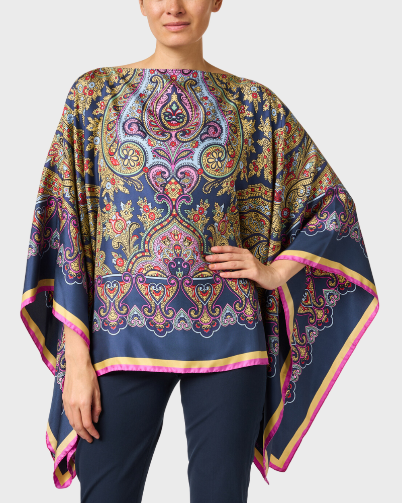 PRINTED  SILK PAISLEY  PONCHO  - NAVY