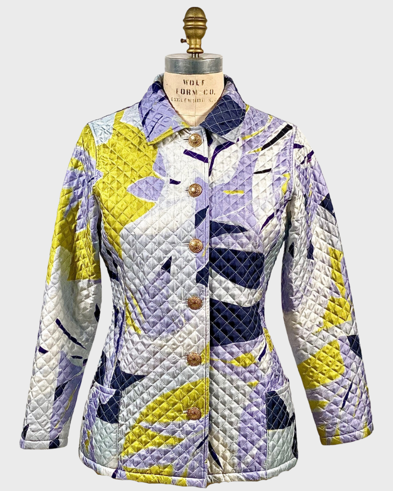 SILK PRINTED QUILTED JACKET: GEOMETRIC: BLUE