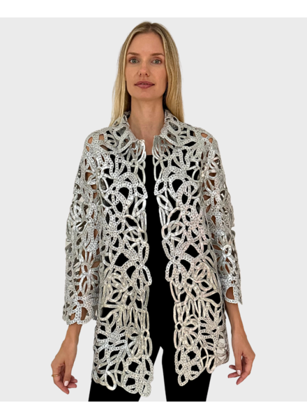 HAND MADE INTERICATE LONG LACE JACKET:  SILVER