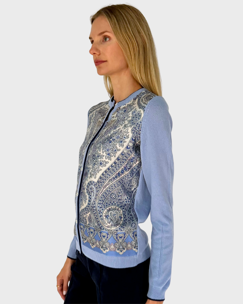 SILK PRINT BUTTON FRONT CASHMERE BACK SLEEVE CARDIGAN: PAISLEY: BLUE