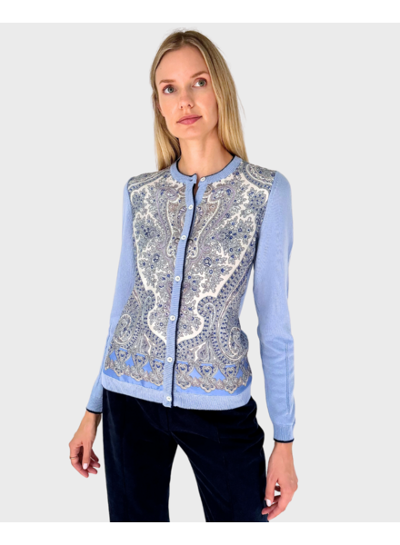 SILK PRINT BUTTON FRONT CASHMERE BACK SLEEVE CARDIGAN: PAISLEY: BLUE