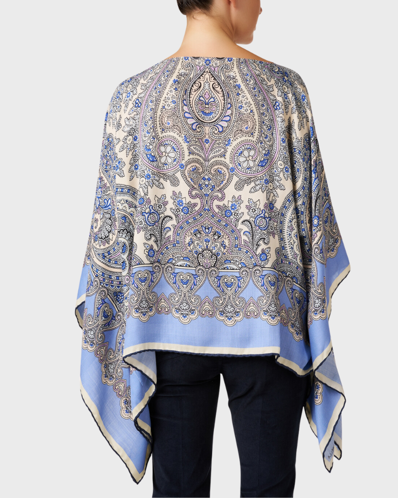 CASHMERE PRINTED PONCHO: PAISLEY: LIGHT BLUE