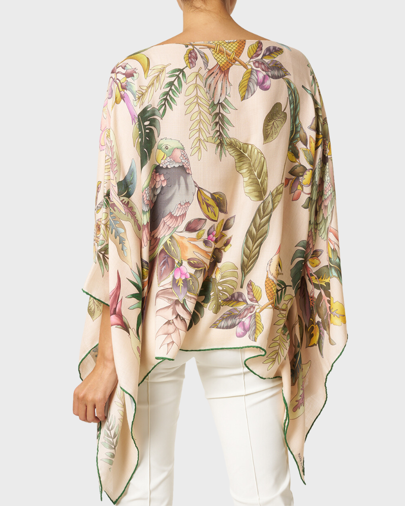PRINTED CASHMERE PONCHO: BIRDS: PINK