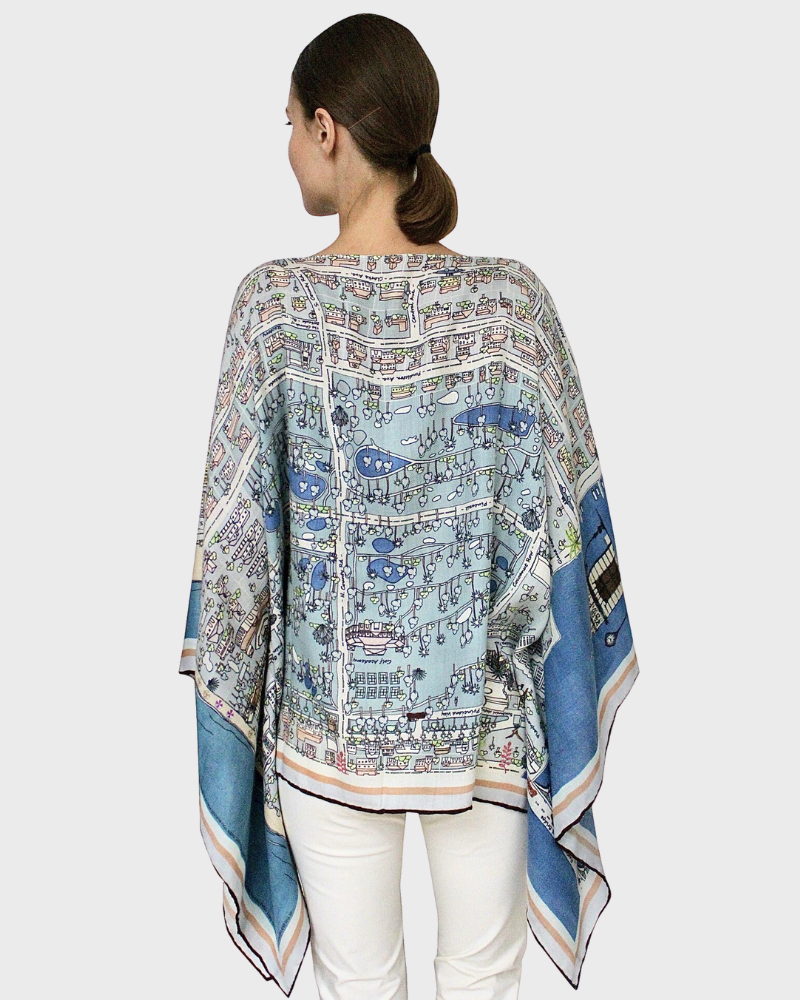 CASHMERE PRINTED PONCHO: PALM BEACH : BALTIC-BLUE