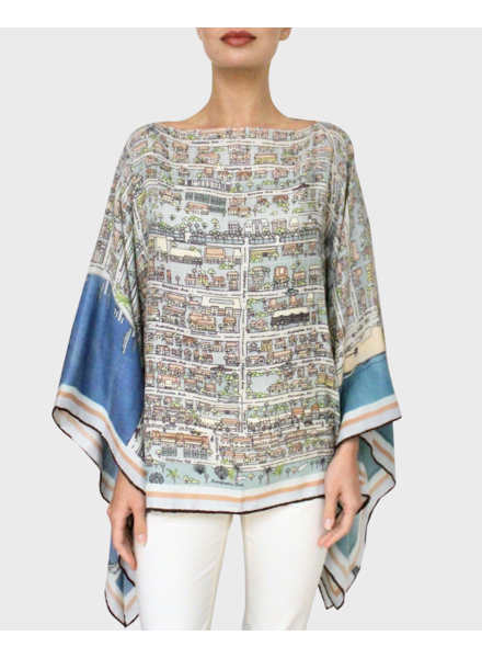 CASHMERE PRINTED PONCHO: PALM BEACH: BALTIC BLUE