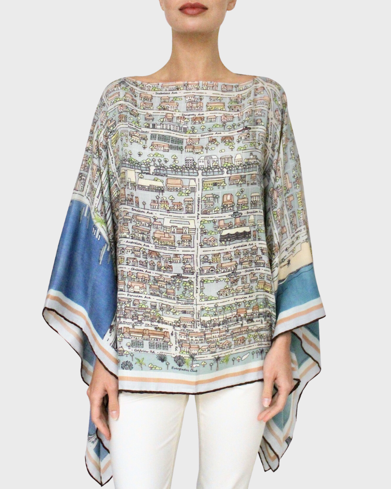 CASHMERE PRINTED PONCHO: PALM BEACH : BALTIC-BLUE