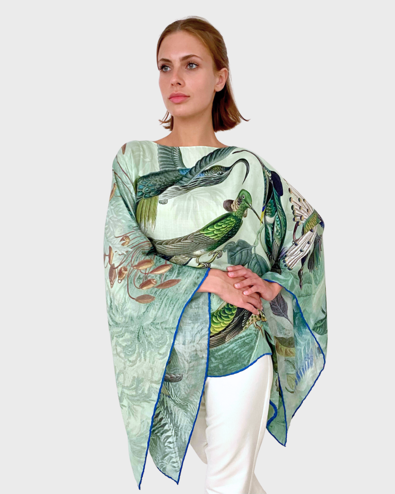 CASHMERE PRINTED PONCHO: HUMMING BIRD: GREEN