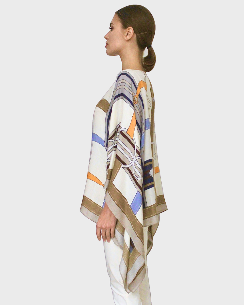 CASHMERE PRINTED PONCHO: SIENA: ORANGE-BEIGE