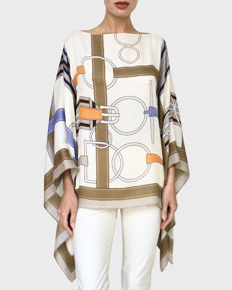 CASHMERE PRINTED PONCHO: SIENA: ORANGE-BEIGE