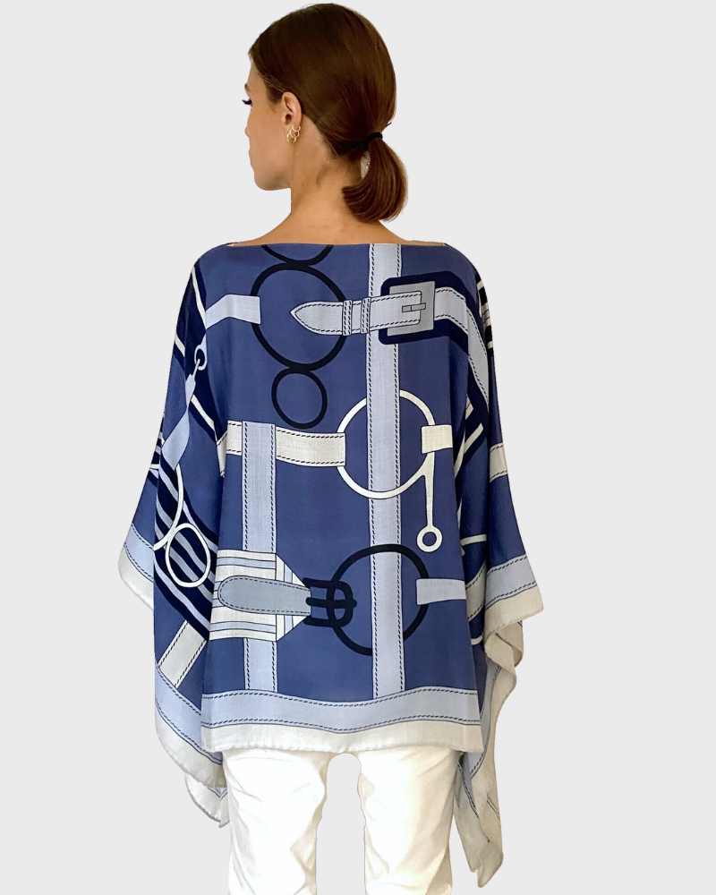 CASHMERE PRINTED PONCHO: SIENA: NAVY