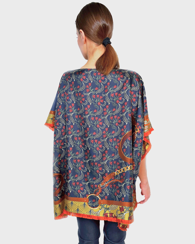PRINTED DOUBLE SIDE  SILK PONCHO: LEOPARD: NAVY