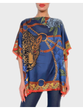 PRINTED DOUBLE SIDE  SILK PONCHO: LEOPARD: NAVY