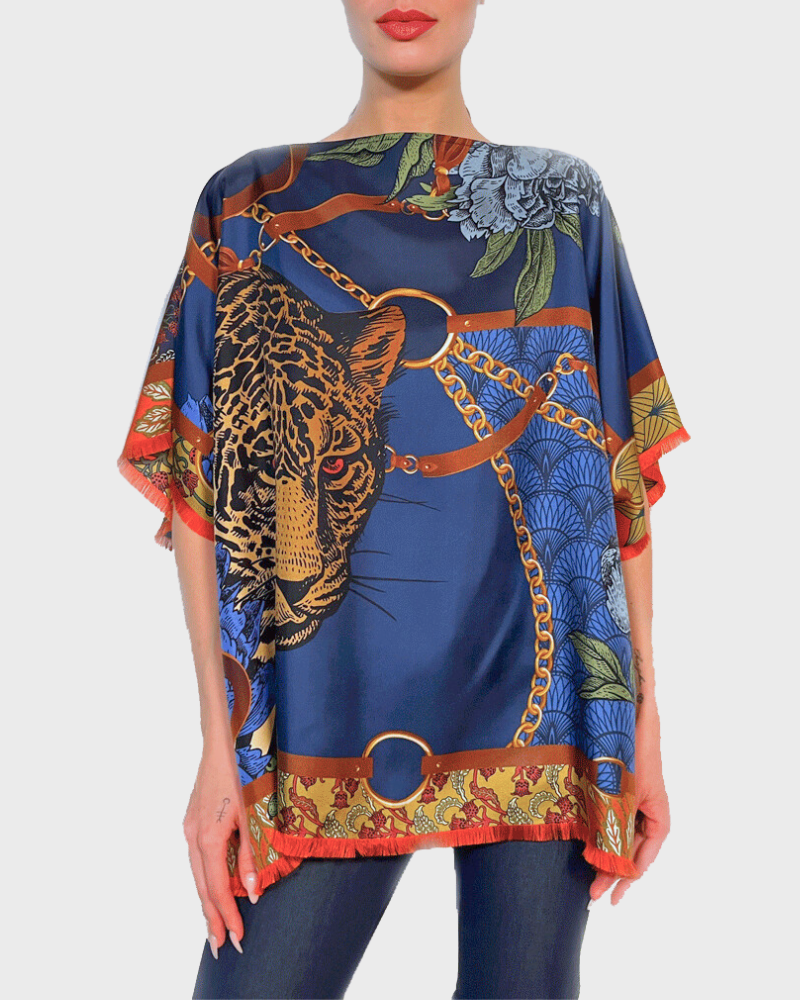 PRINTED DOUBLE SIDE  SILK PONCHO: LEOPARD: NAVY