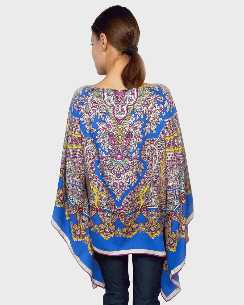 CASHMERE PRINTED PONCHO: PAISLEY: BLUE LIGHT