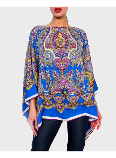 CASHMERE PRINTED PONCHO: PAISLEY: BLUE LIGHT