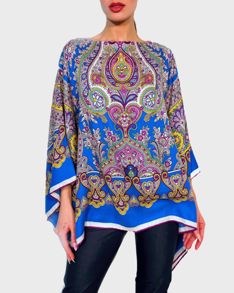CASHMERE PRINTED PONCHO: PAISLEY: BLUE LIGHT