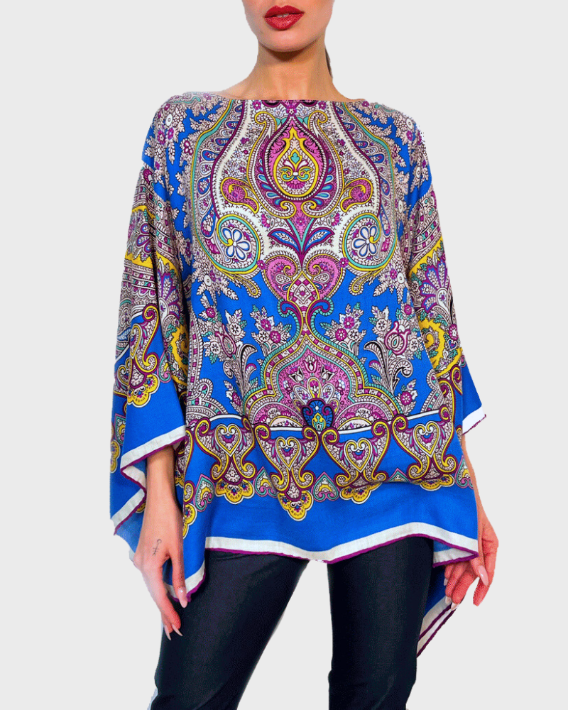 CASHMERE PRINTED PONCHO: PAISLEY: BLUE