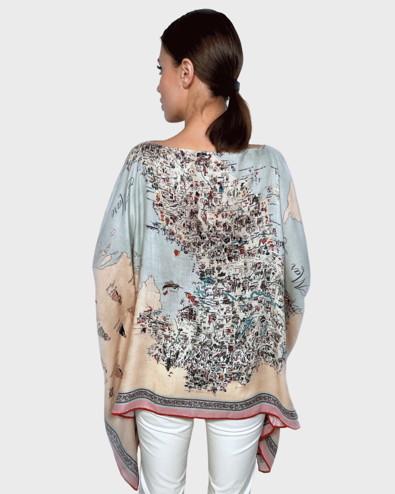 CASHMERE PRINTED PONCHO: MAP OF ITALY: BLUE